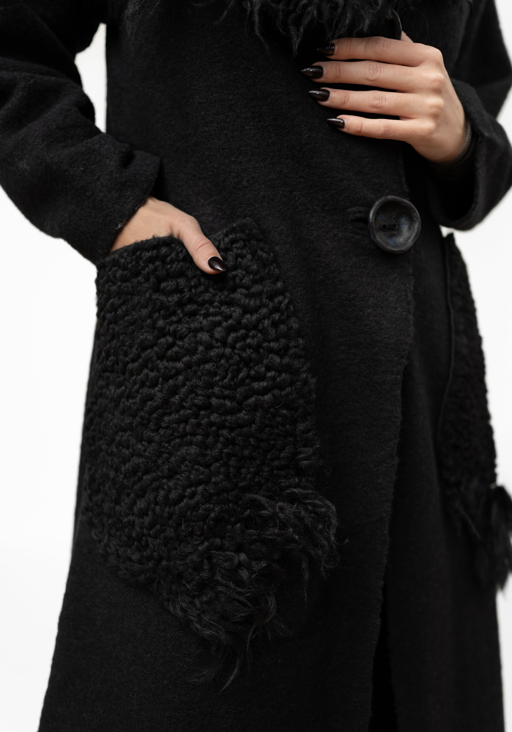 Asymmetric Shearling Detail Wool Maxi Jacket - December Thieves