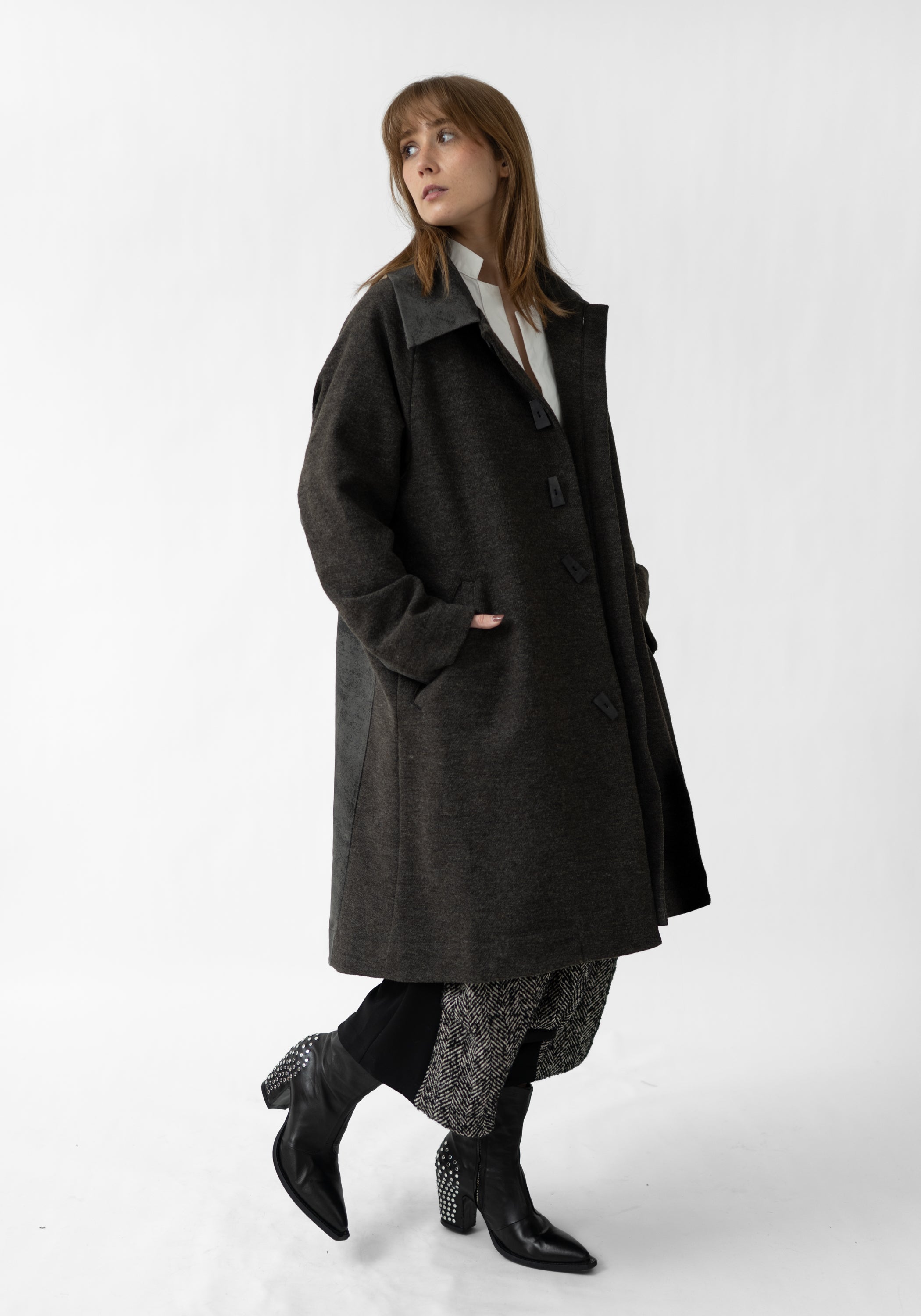 Oversized Distressed Faux Leather and Wool Blend Coat