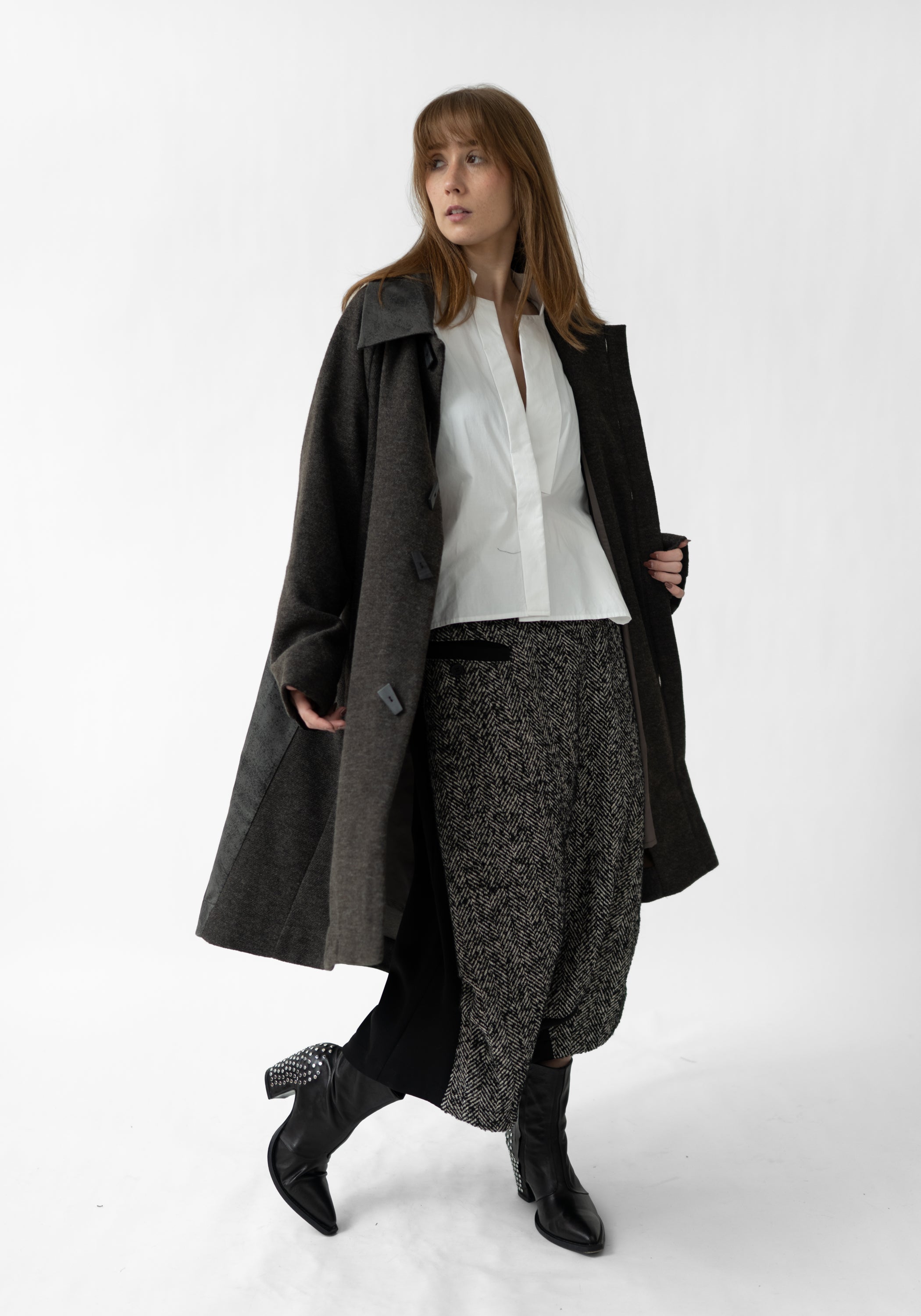 Oversized Distressed Faux Leather and Wool Blend Coat