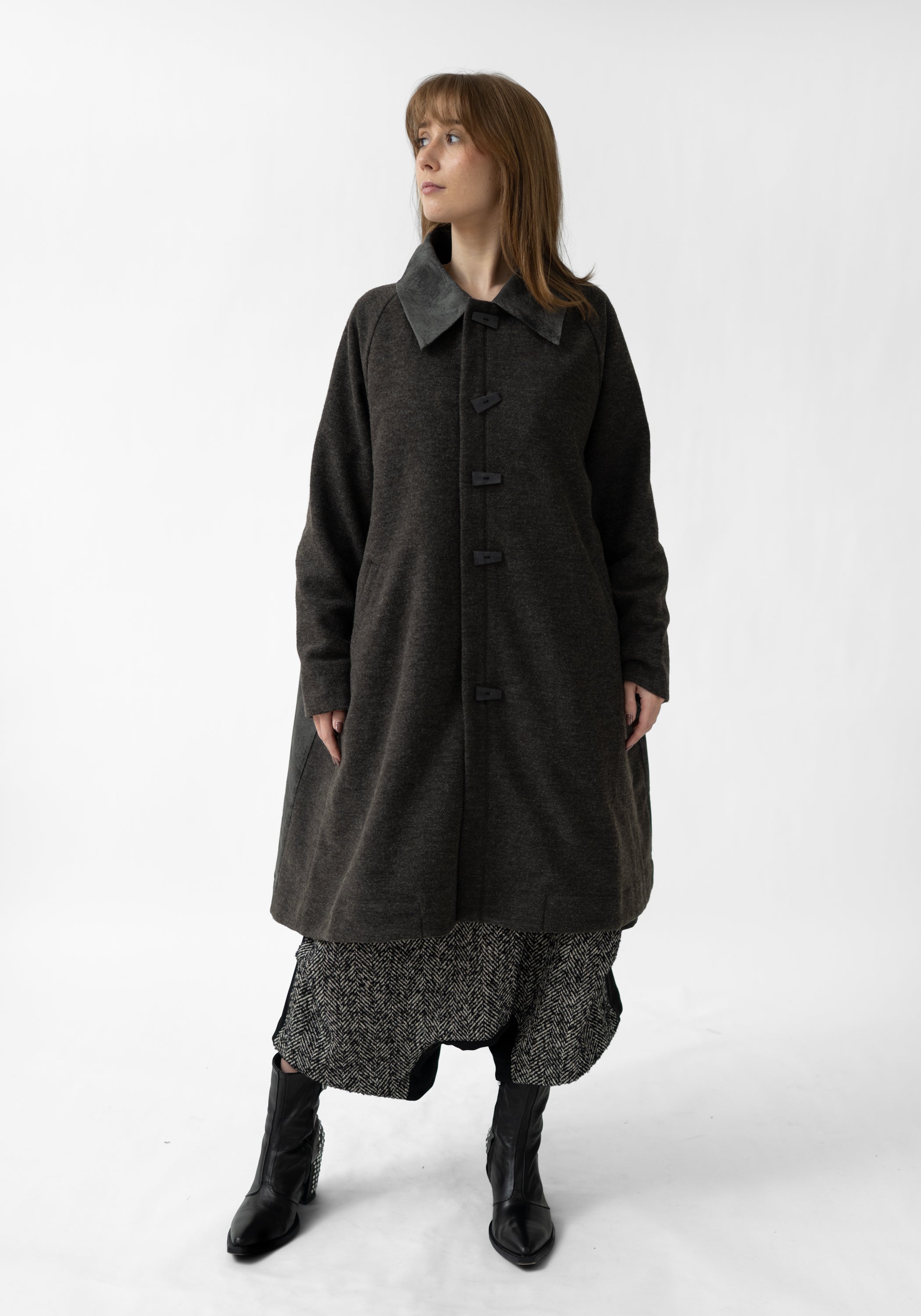 Oversized Distressed Faux Leather and Wool Blend Coat