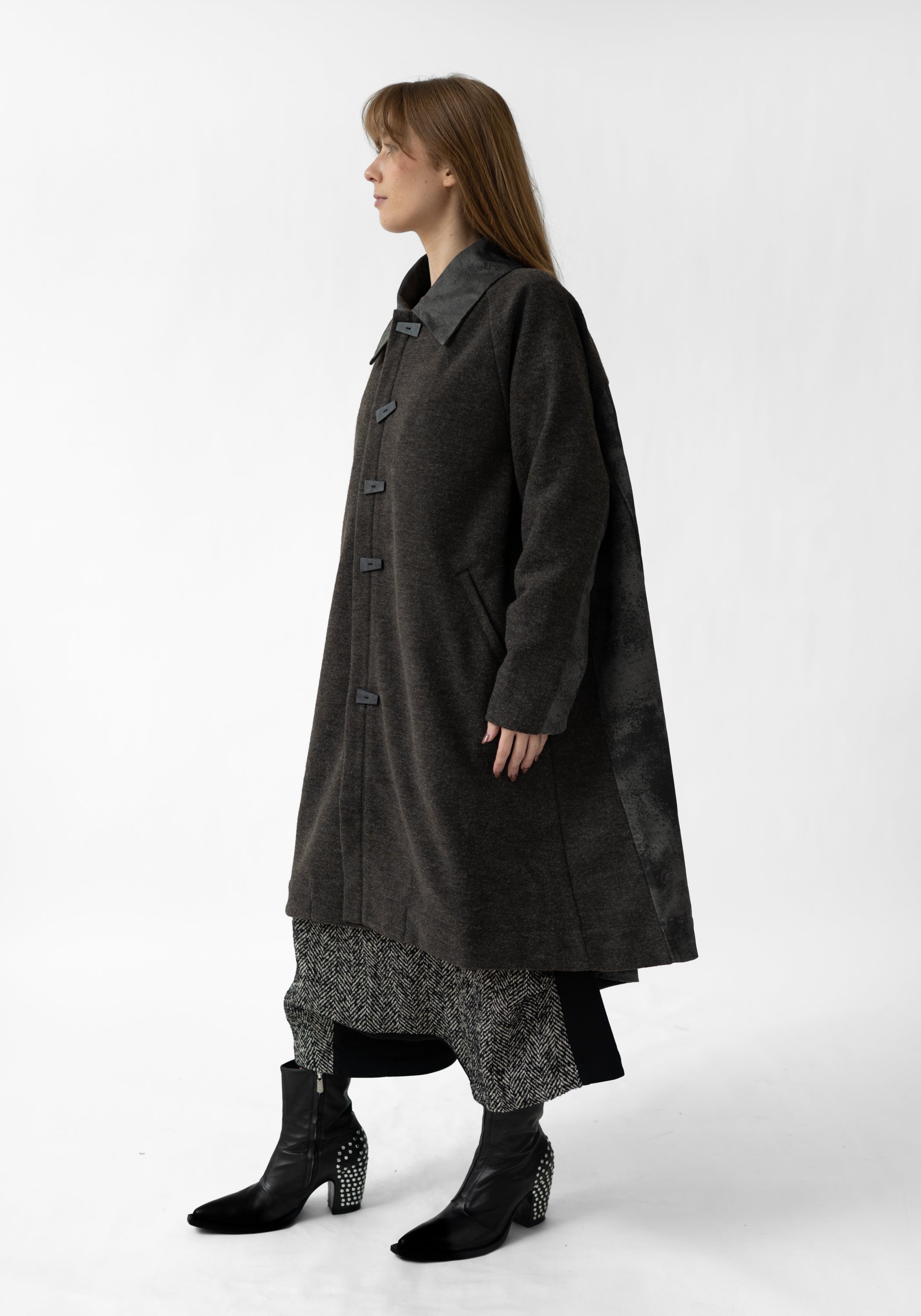 Oversized Distressed Faux Leather and Wool Blend Coat