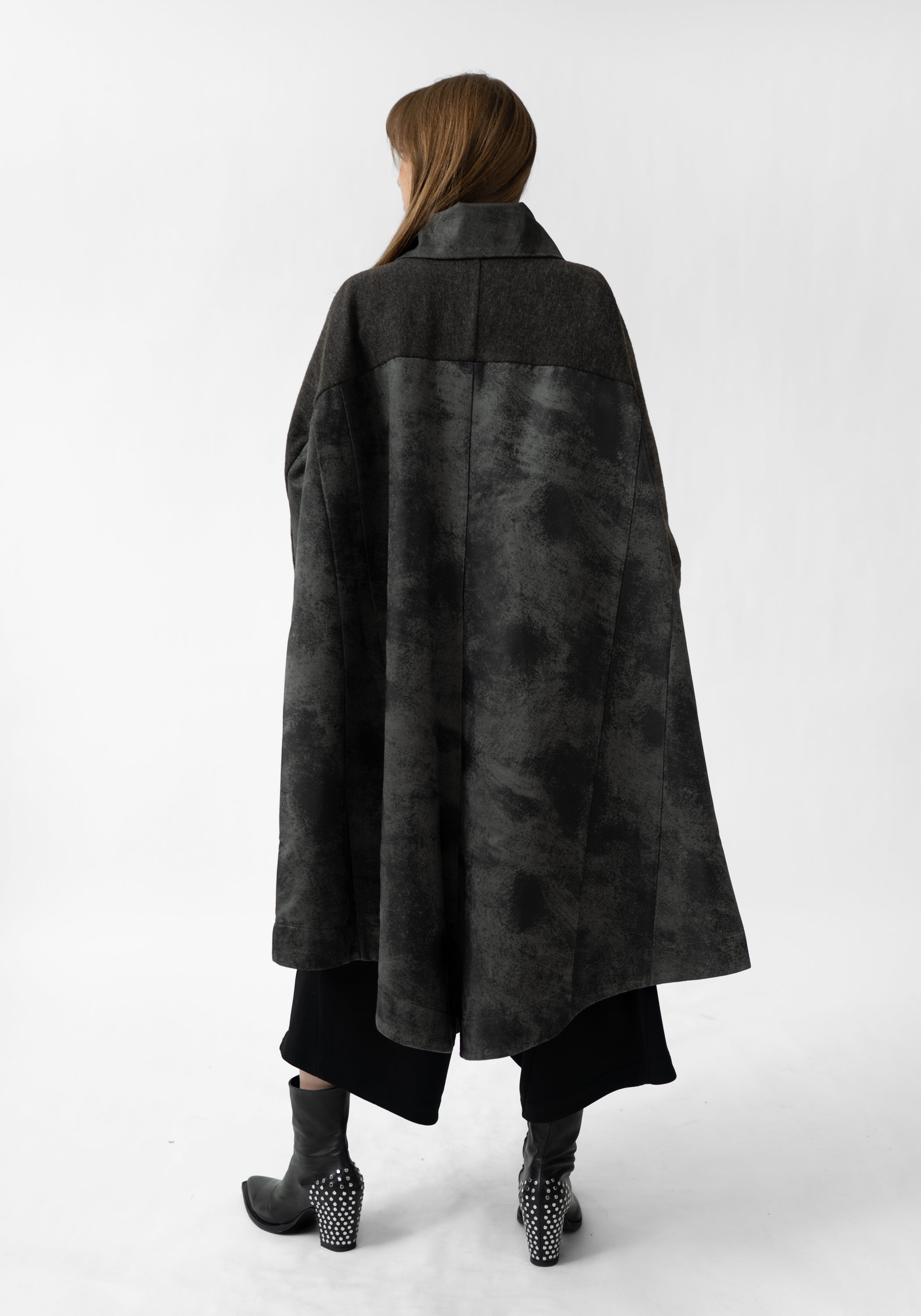 Oversized Distressed Faux Leather and Wool Blend Coat