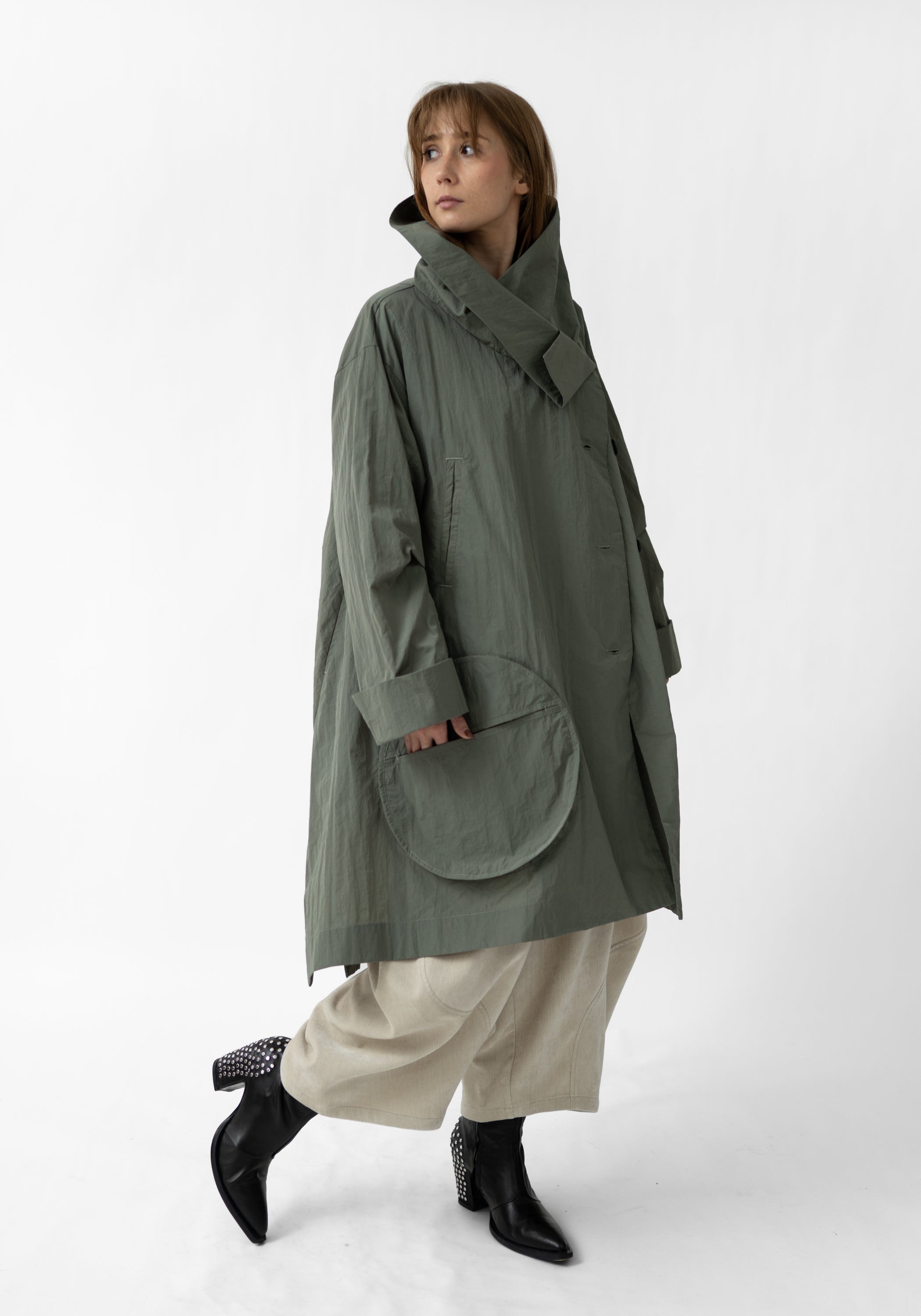 Oversized Draped Collar Nylon Coat