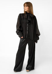 Black Linen Gauze Tie Neck Blouse
