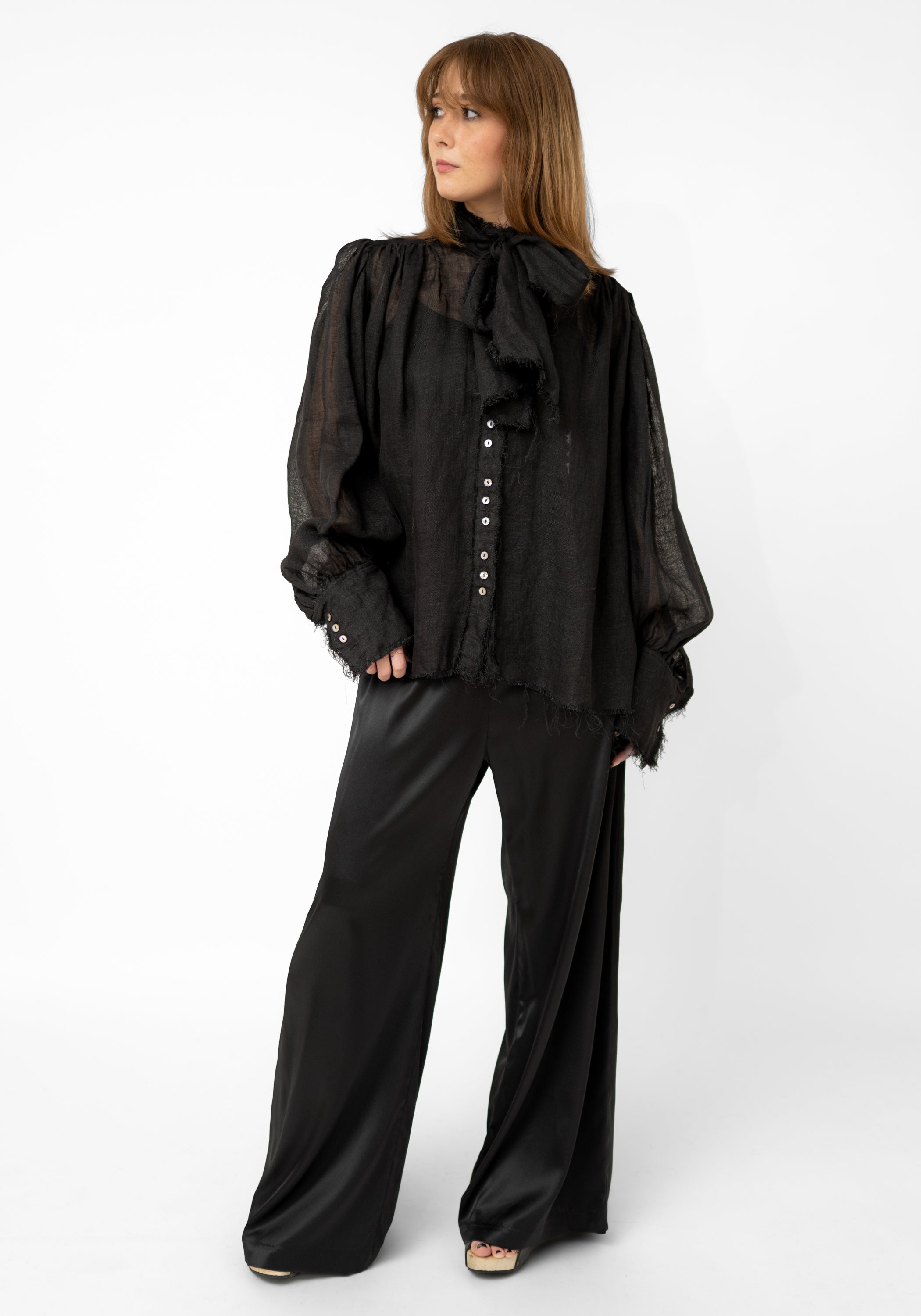 Black Linen Gauze Tie Neck Blouse