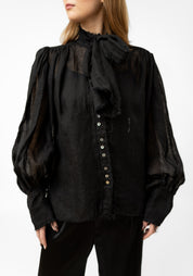 Black Linen Gauze Tie Neck Blouse