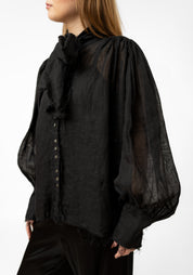 Black Linen Gauze Tie Neck Blouse
