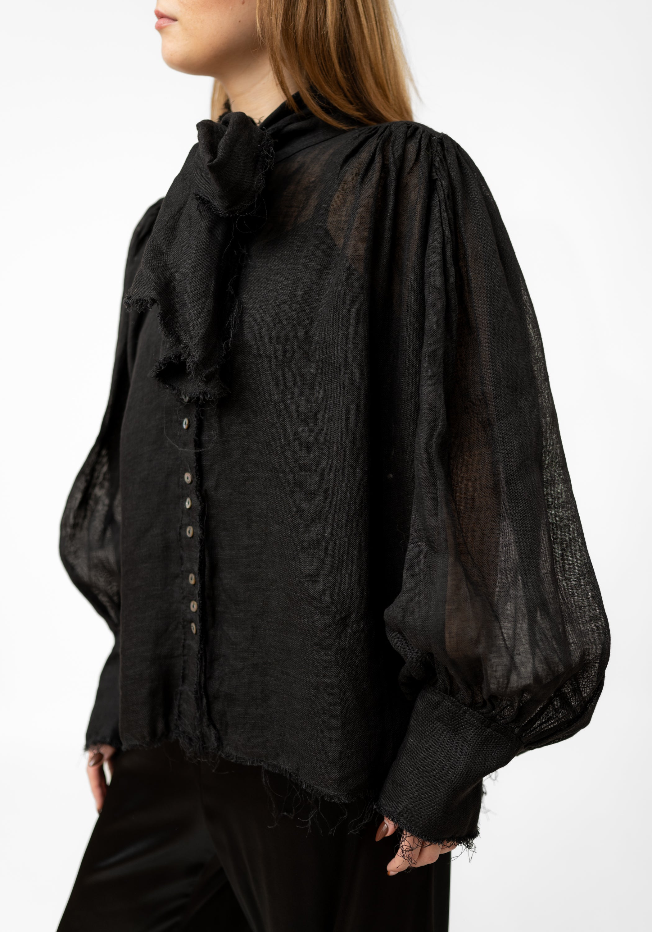 Black Linen Gauze Tie Neck Blouse