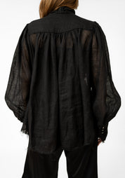 Black Linen Gauze Tie Neck Blouse