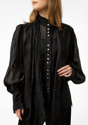 Black Linen Gauze Tie Neck Blouse