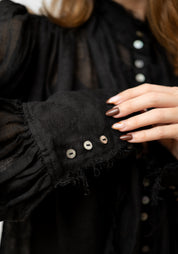 Black Linen Gauze Tie Neck Blouse