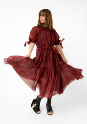 Red Silk Linen Transformable Semi-Sheer Volant Dress