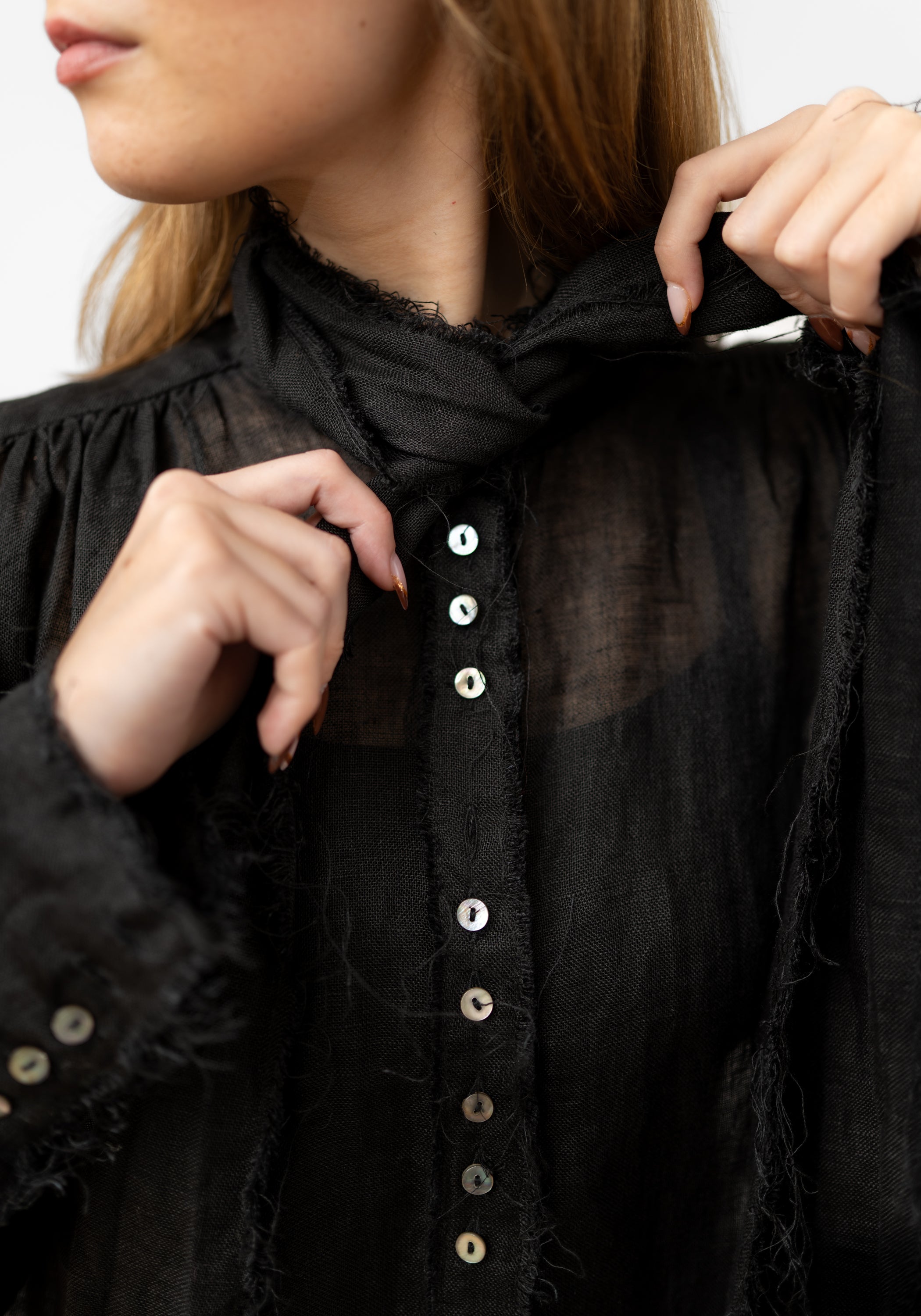 Black Linen Gauze Tie Neck Blouse