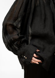 Black Linen Gauze Tie Neck Blouse
