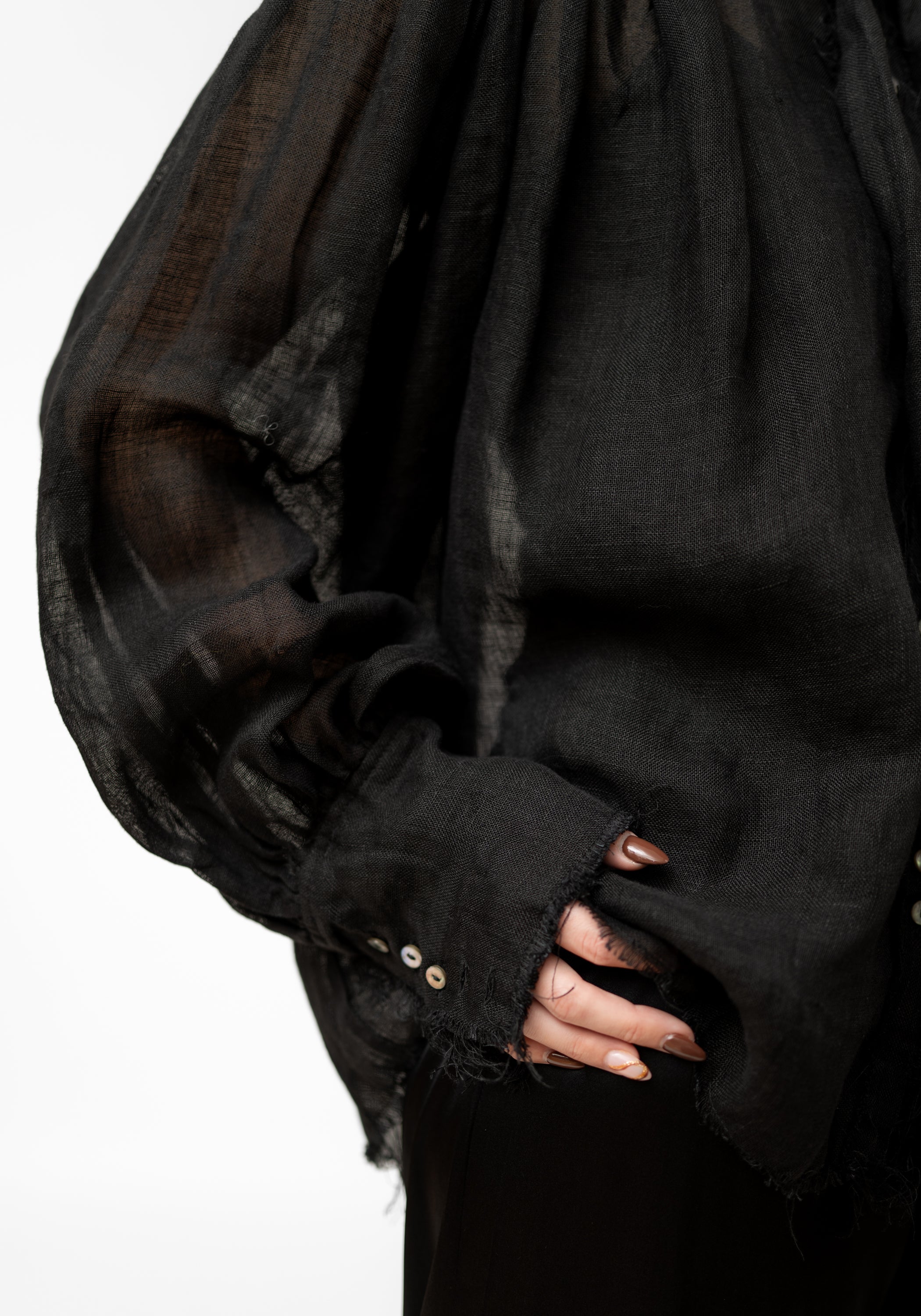 Black Linen Gauze Tie Neck Blouse