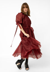 Red Silk Linen Transformable Semi-Sheer Volant Dress
