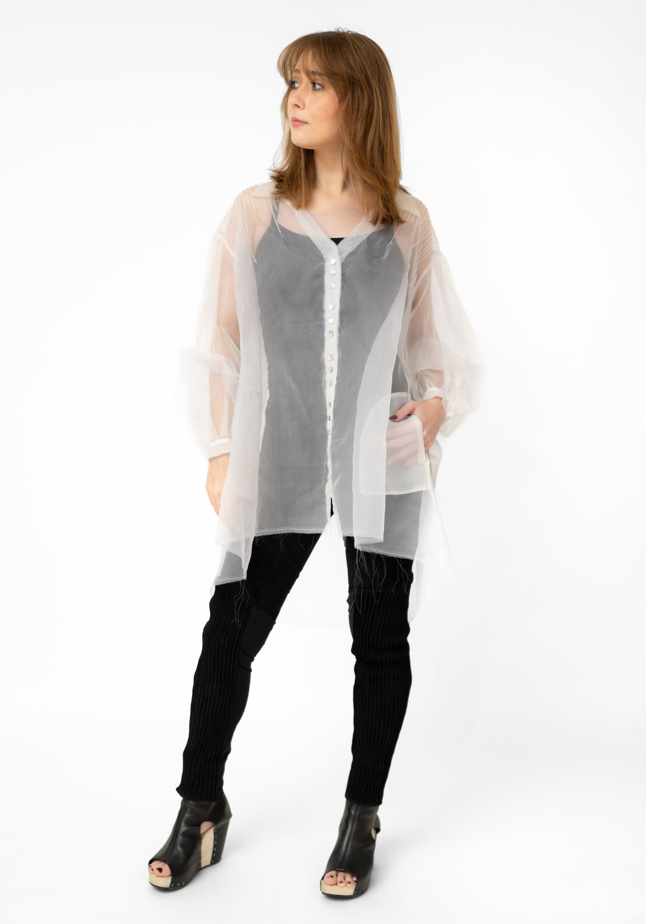 Ecru Silk Organza Pin Tuck Blouse