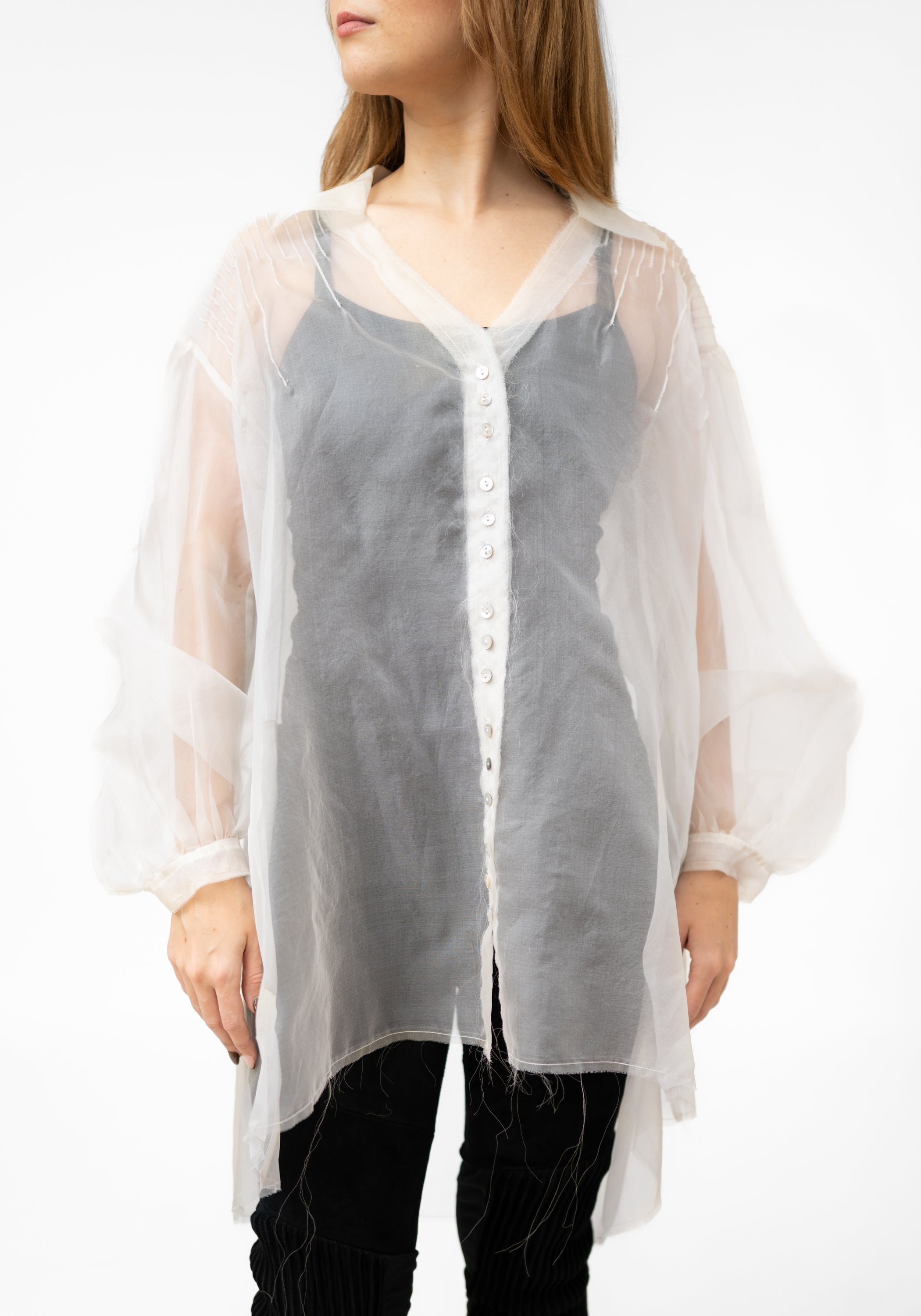 Ecru Silk Organza Pin Tuck Blouse