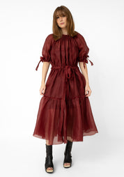 Red Silk Linen Transformable Semi-Sheer Volant Dress