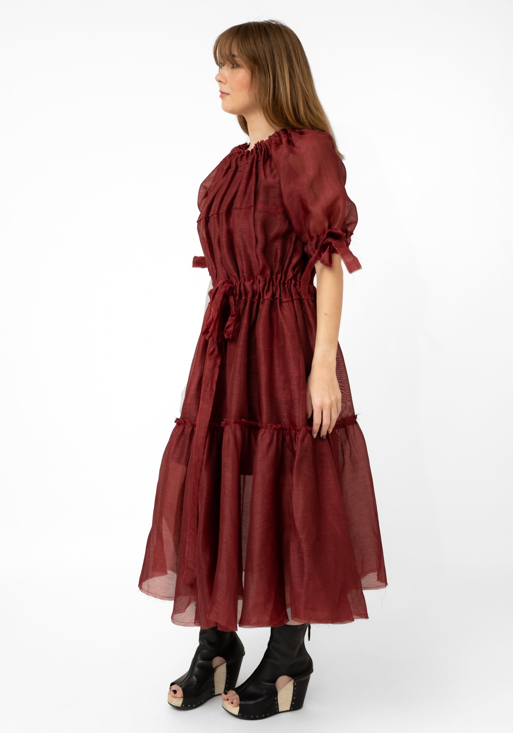 Red Silk Linen Transformable Semi-Sheer Volant Dress