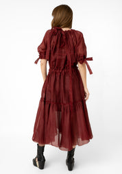 Red Silk Linen Transformable Semi-Sheer Volant Dress