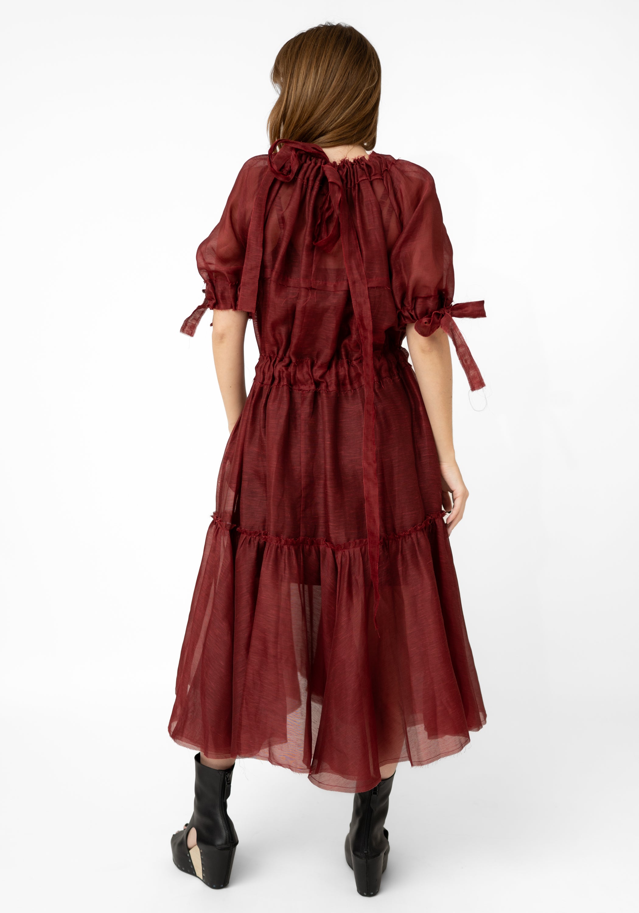 Red Silk Linen Transformable Semi-Sheer Volant Dress