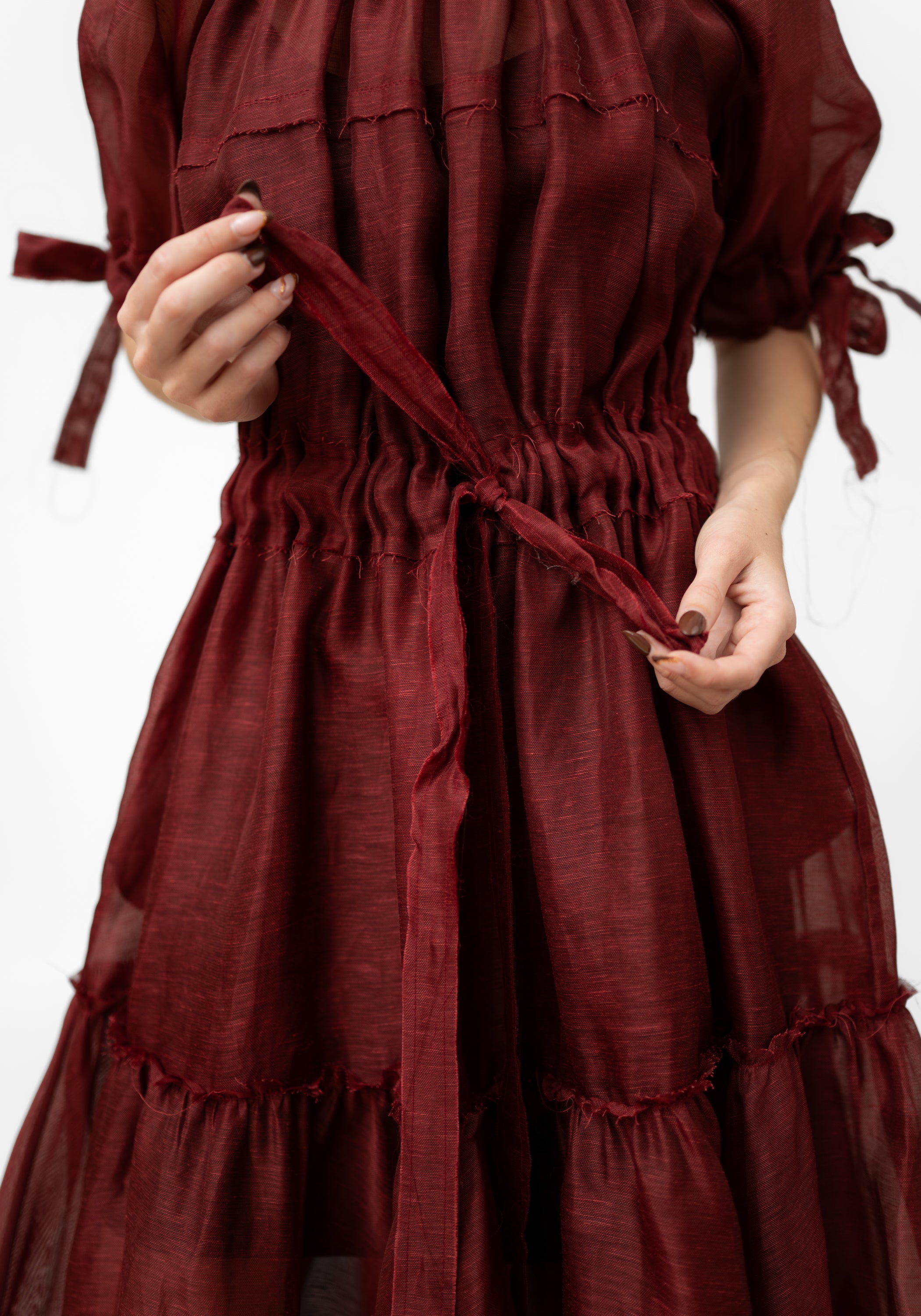 Red Silk Linen Transformable Semi-Sheer Volant Dress