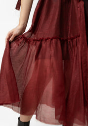 Red Silk Linen Transformable Semi-Sheer Volant Dress