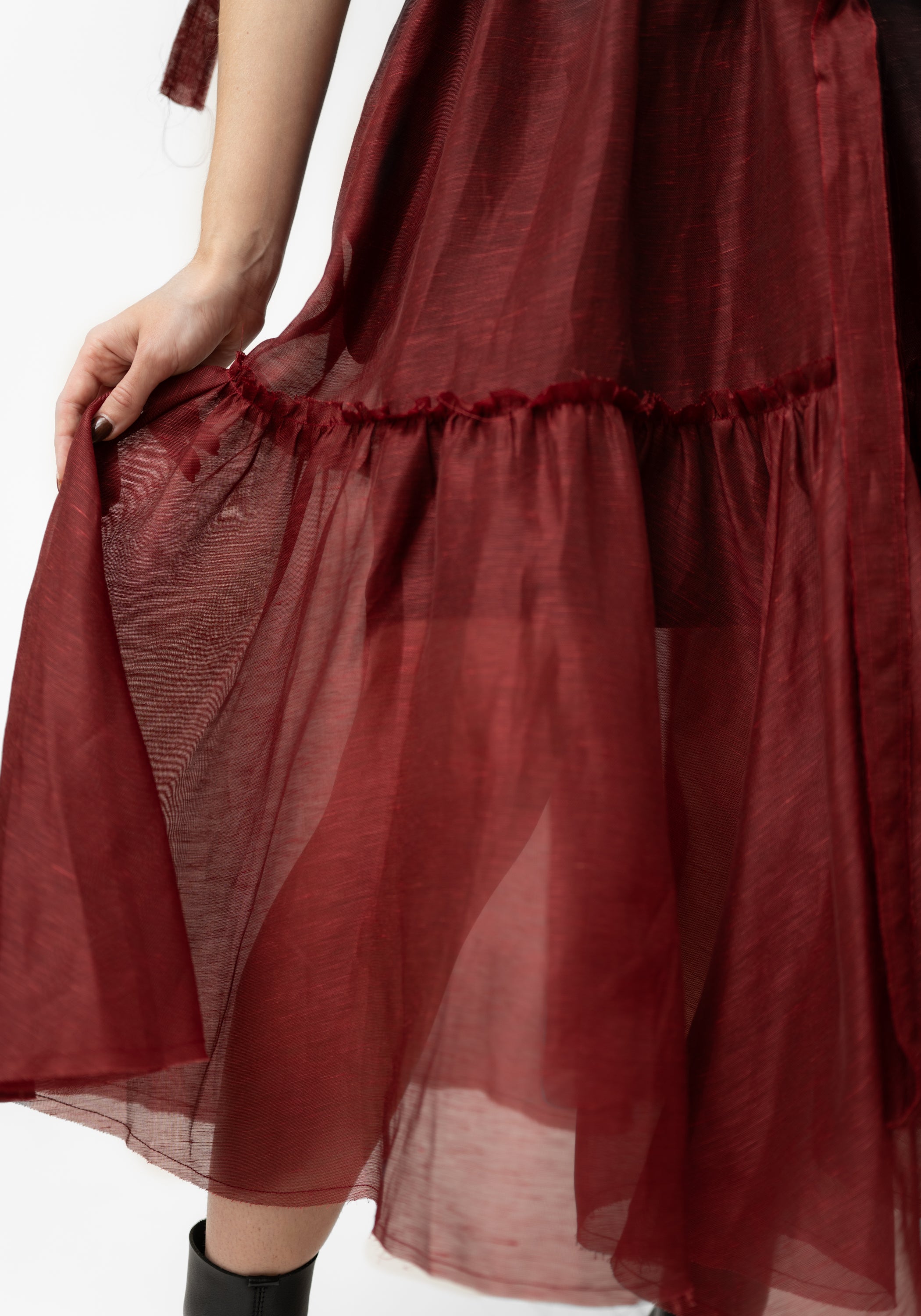 Red Silk Linen Transformable Semi-Sheer Volant Dress