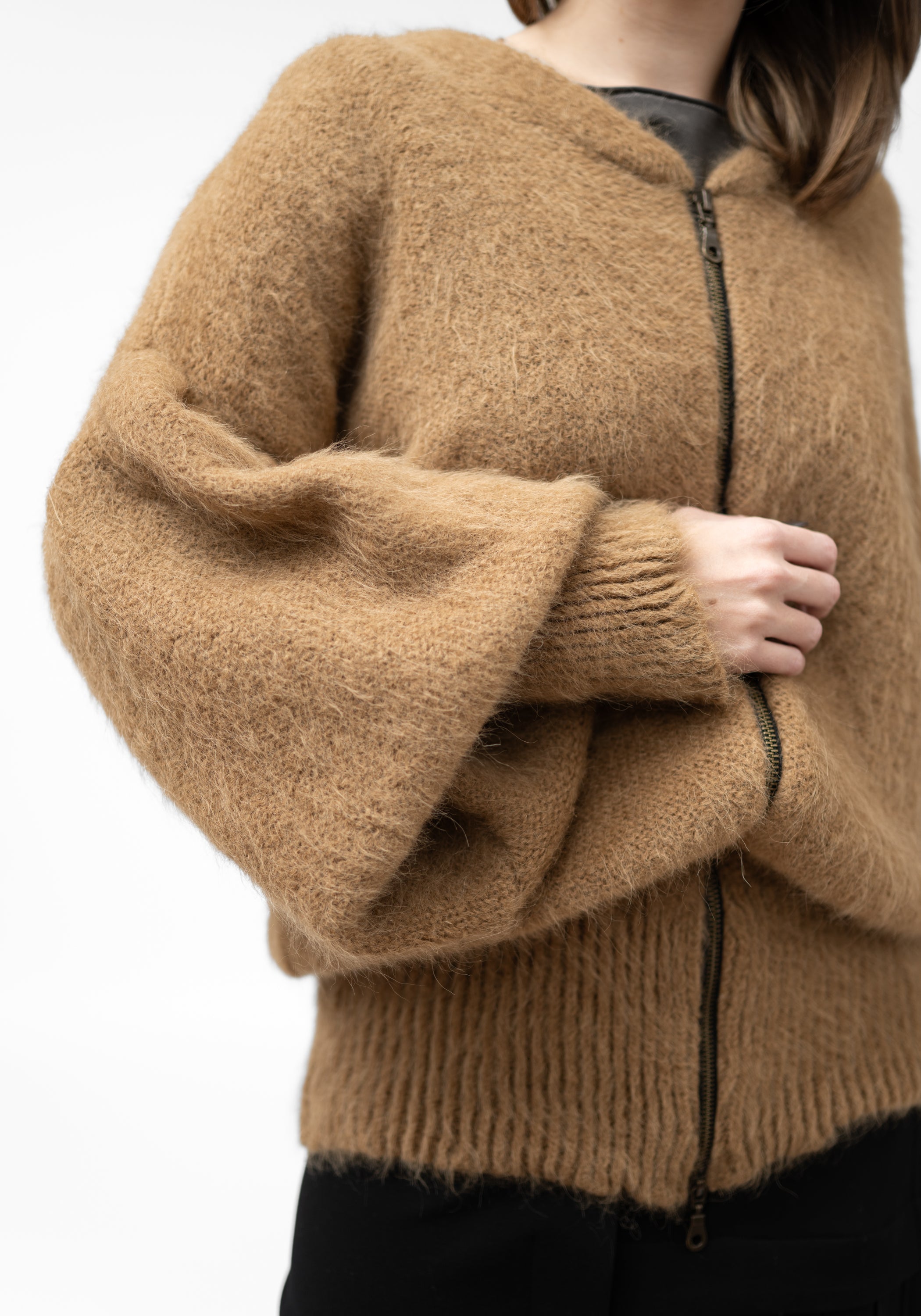 Camel Alpaca Oversized Bomber Jacket