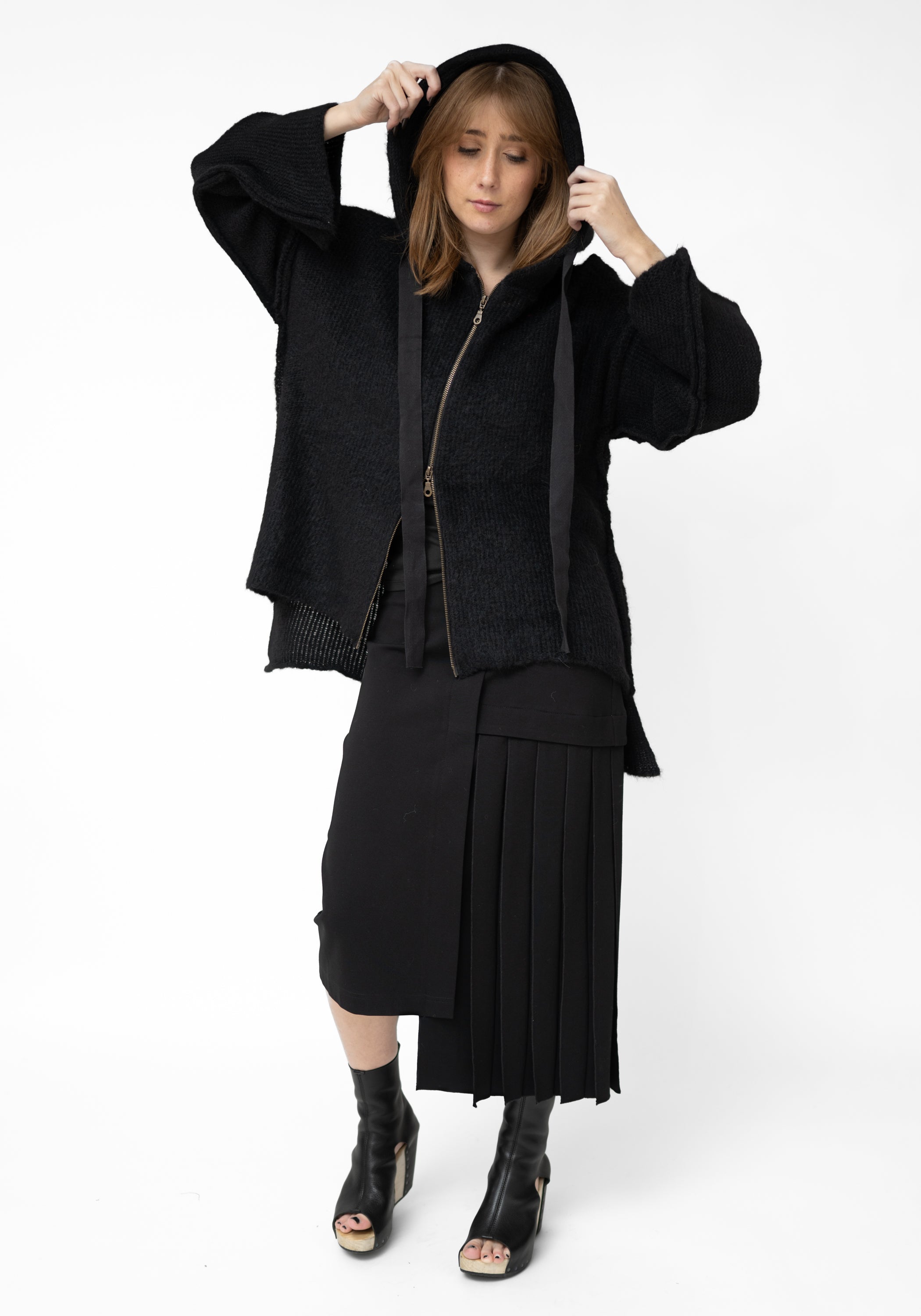 Black Alpaca Oversized Zip Front Hoodie