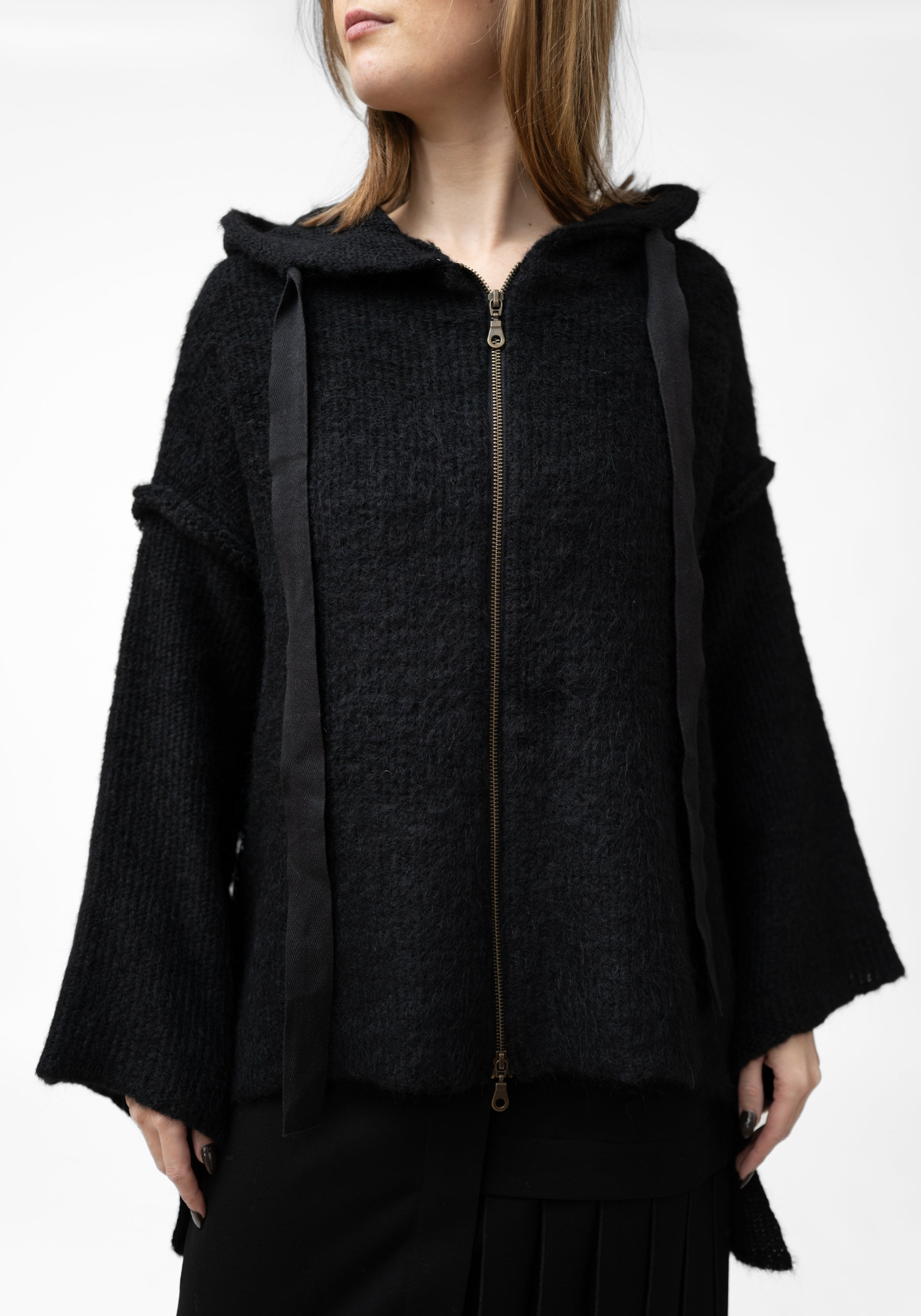 Black Alpaca Oversized Zip Front Hoodie