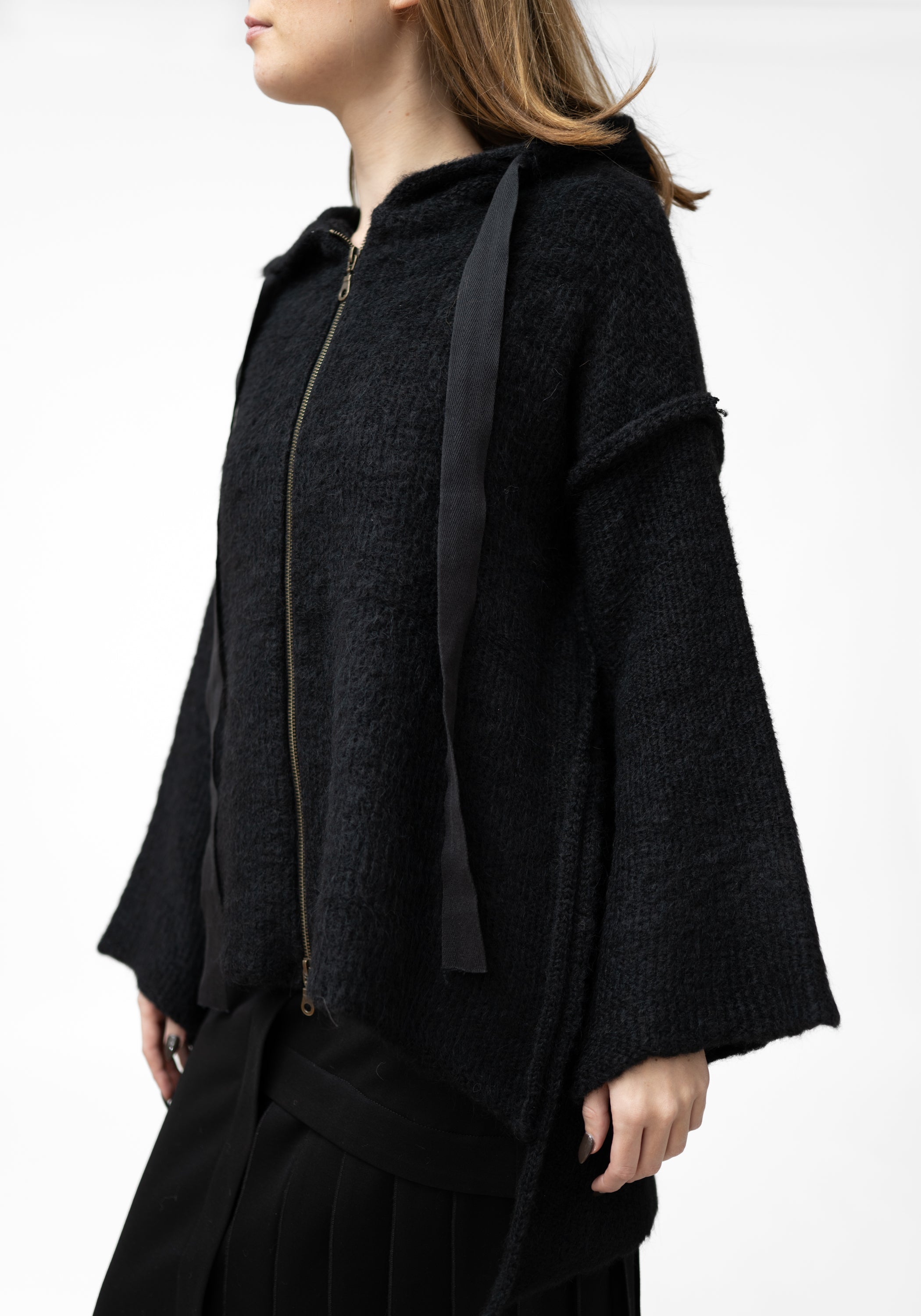 Black Alpaca Oversized Zip Front Hoodie