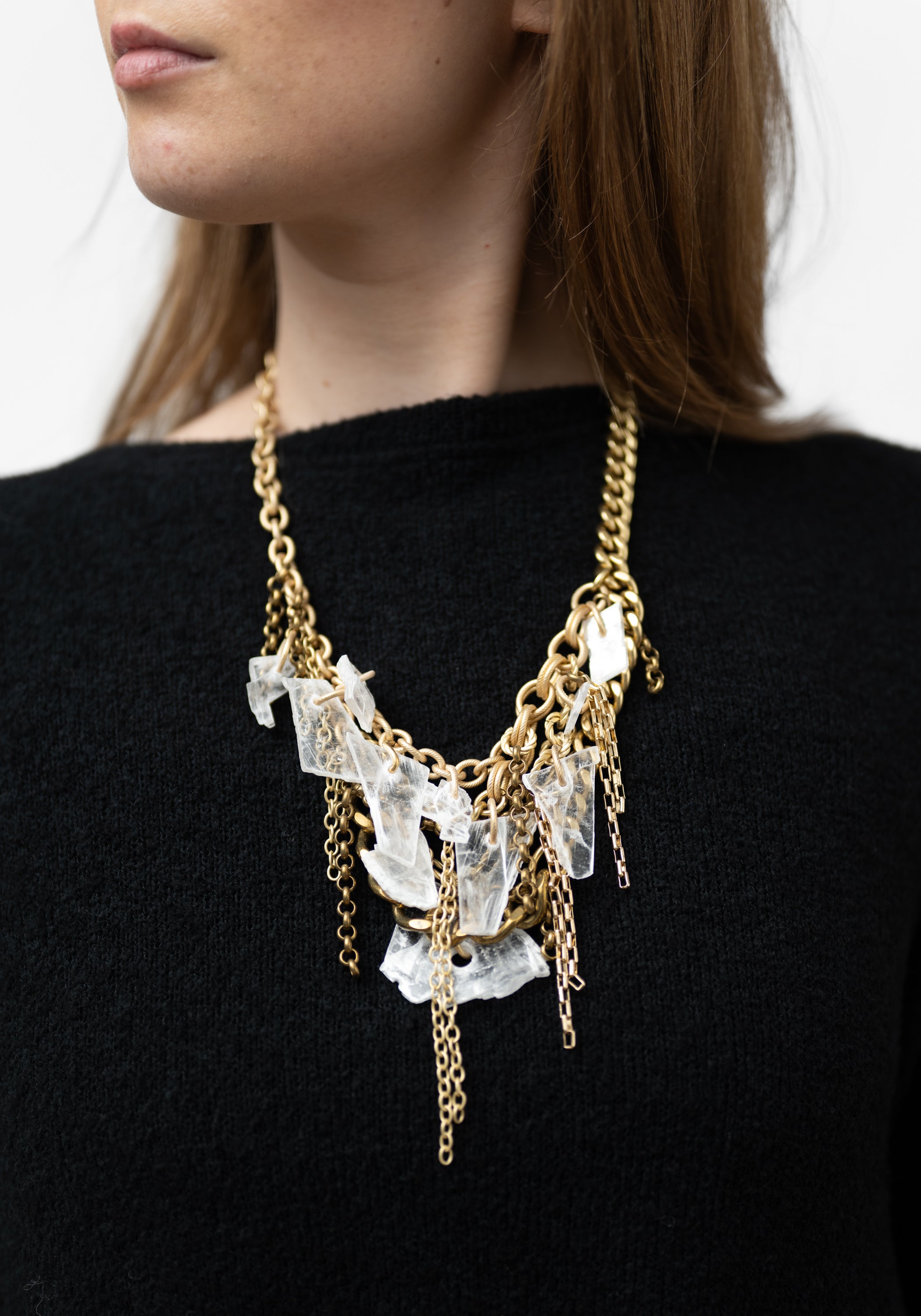 Layered Brass Chain with Selenite Drops