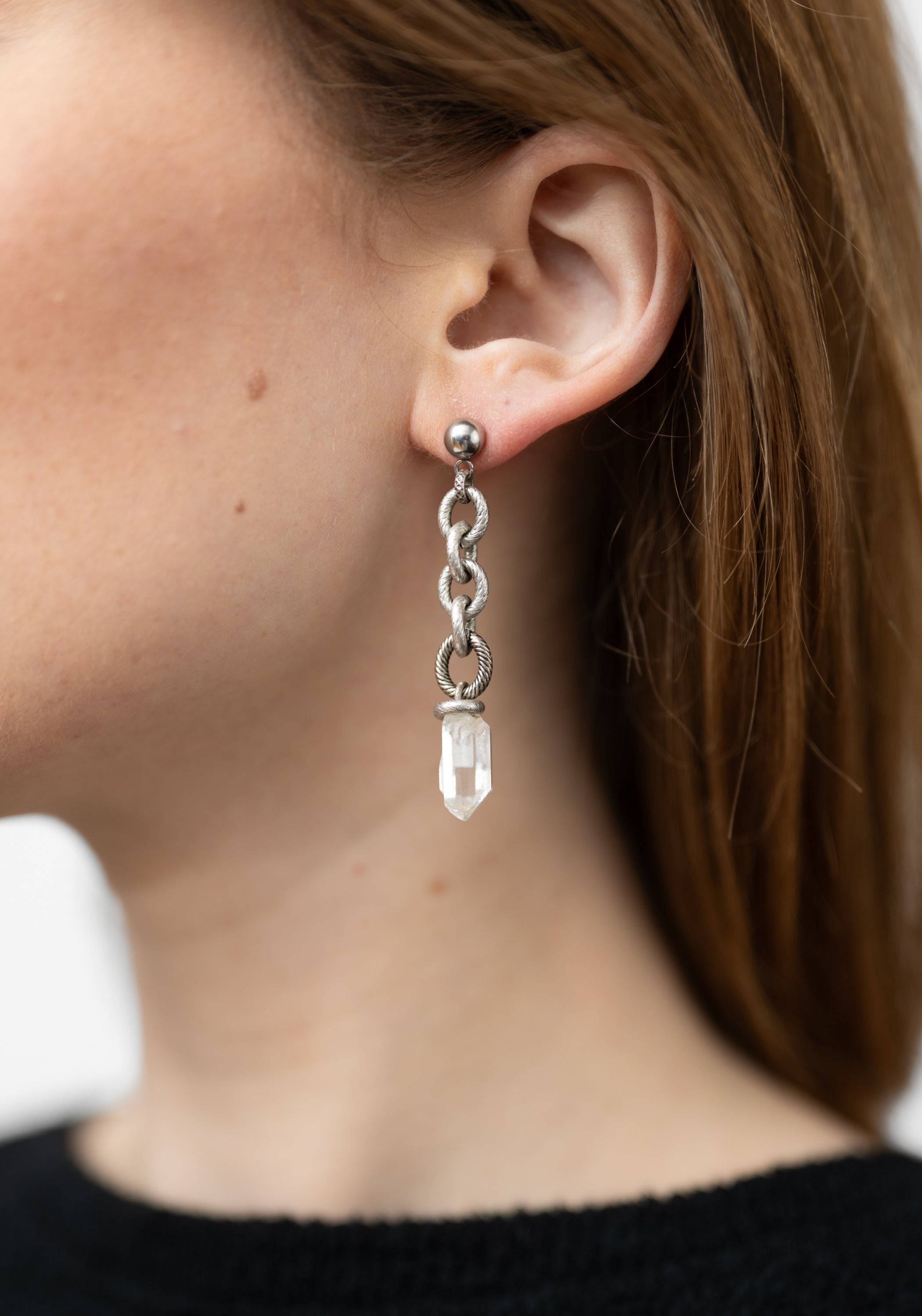 Asymmetric Silver Spike and Quartz Earrings