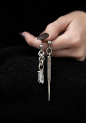 Asymmetric Silver Spike and Quartz Earrings
