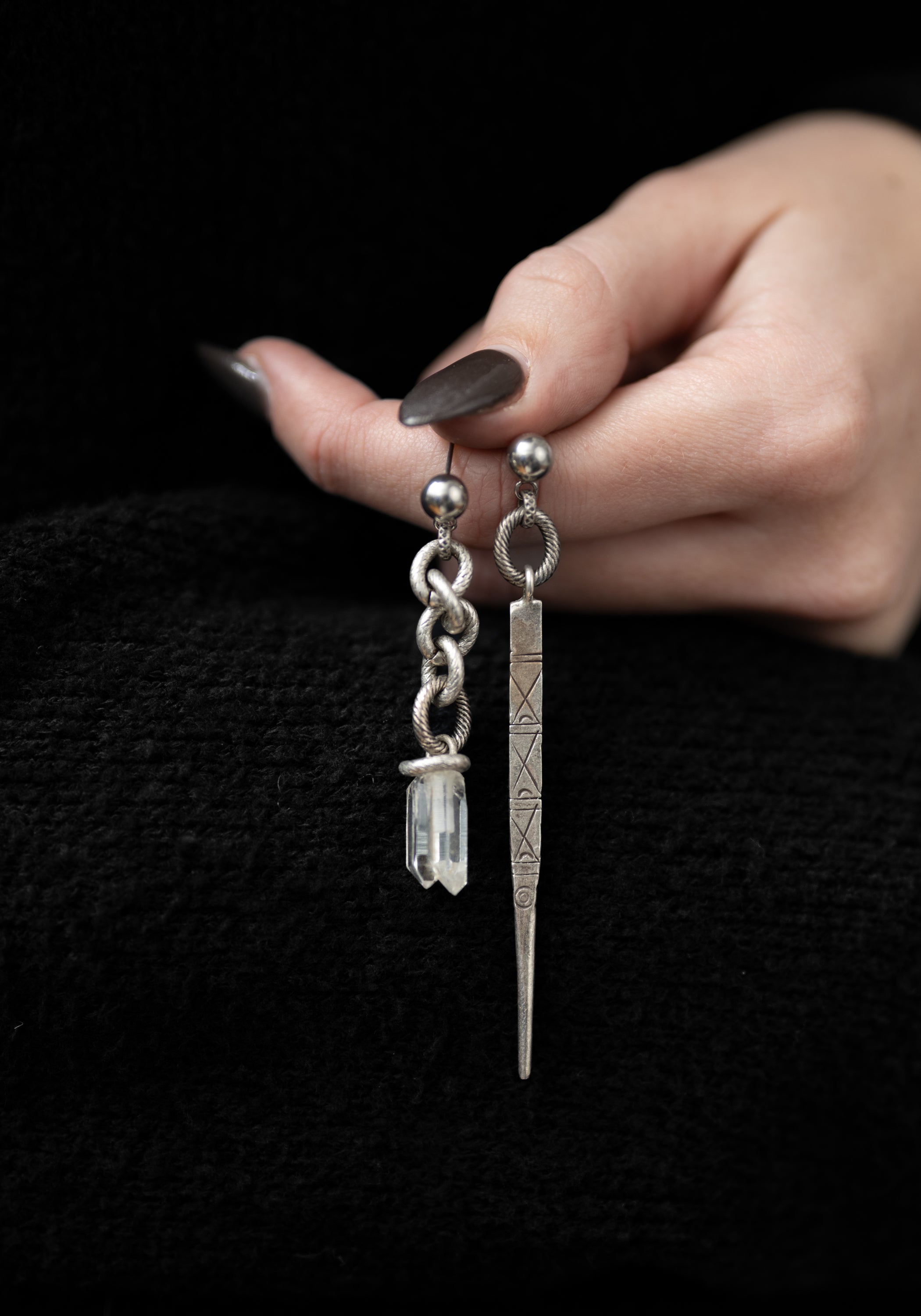 Asymmetric Silver Spike and Quartz Earrings