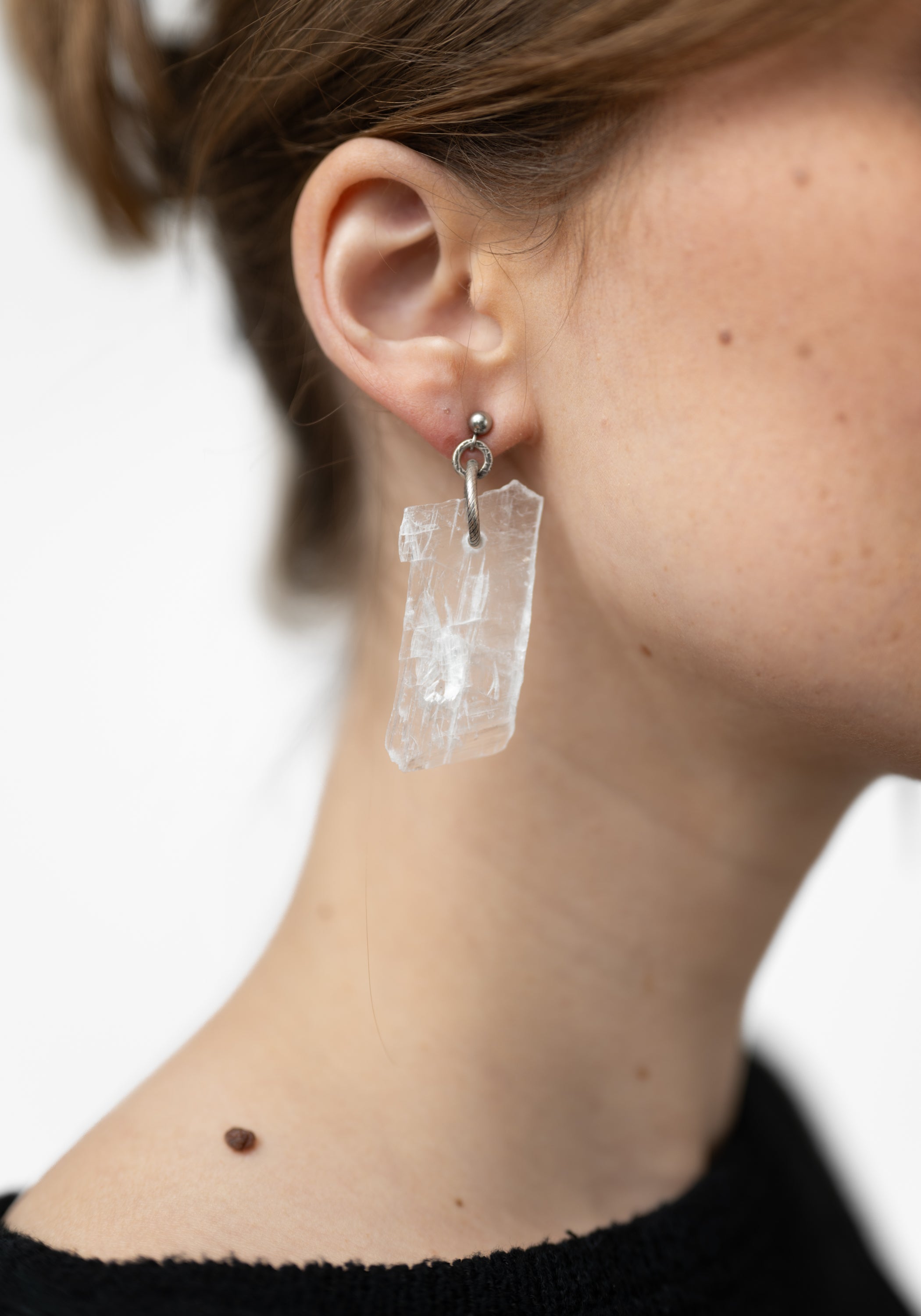Asymmetric Silver Spike and Selenite Slab Earrings