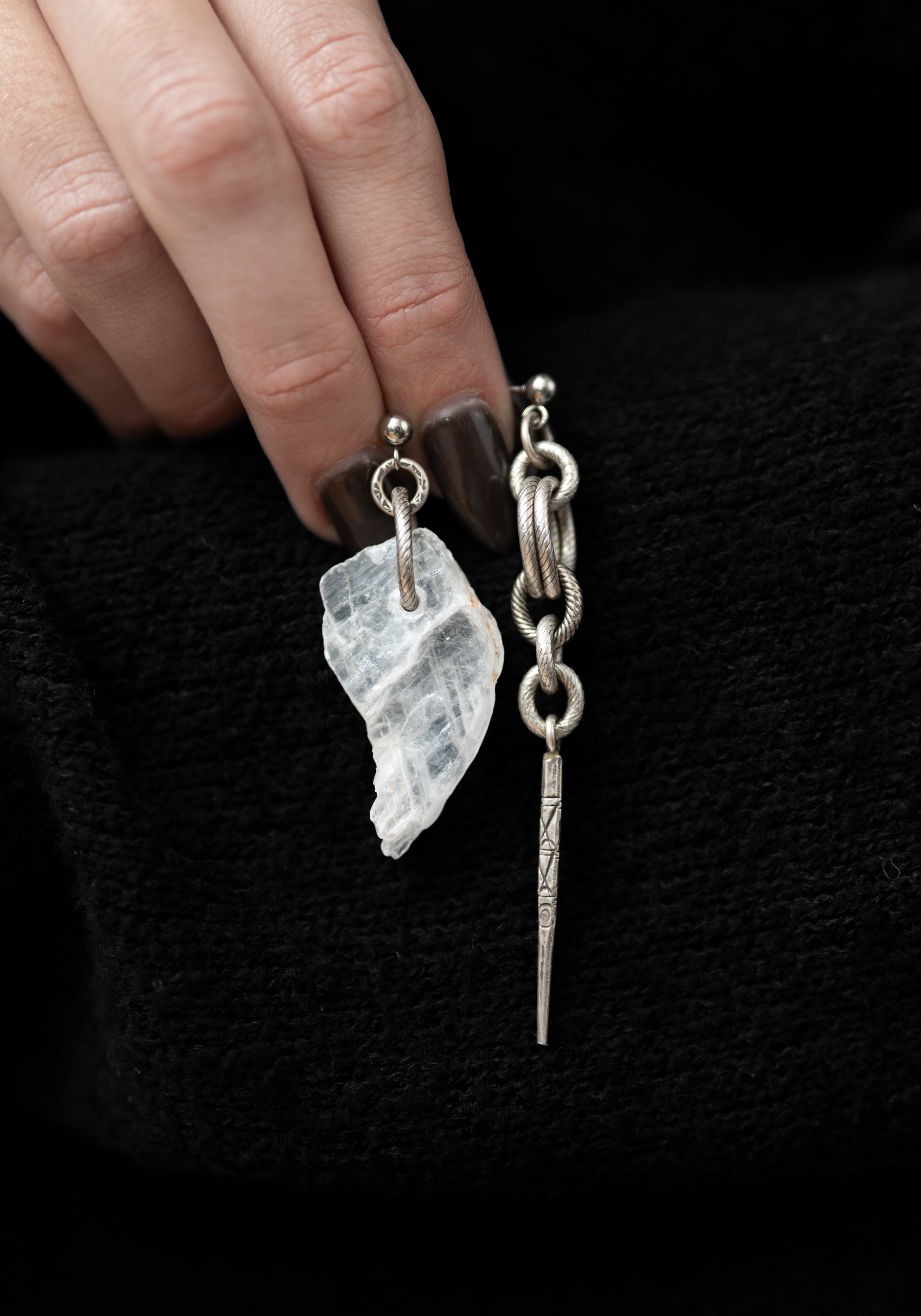 Asymmetric Silver Spike and Selenite Slab Earrings