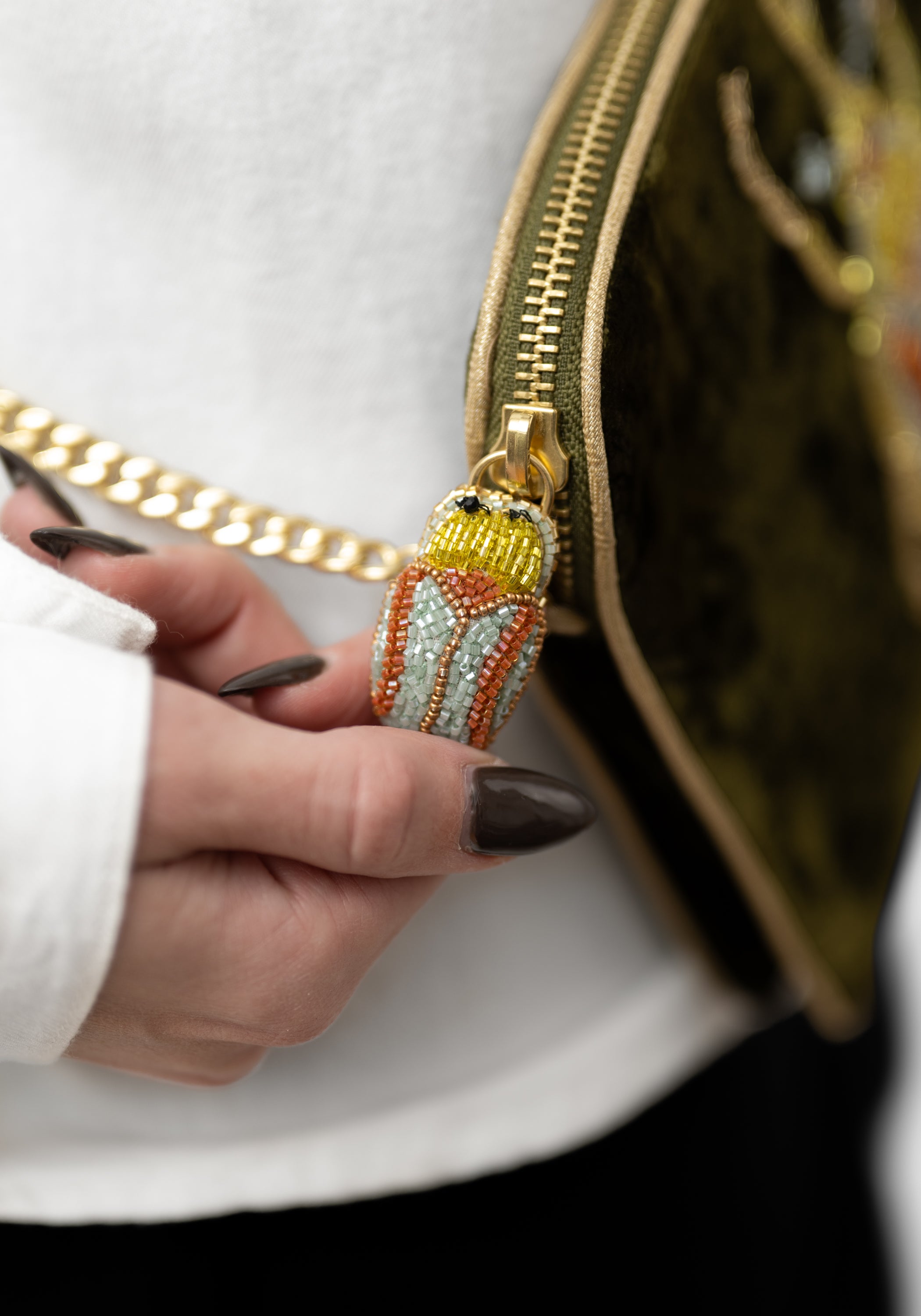 Khaki Velvet Beaded Beetle Crossbody Bag