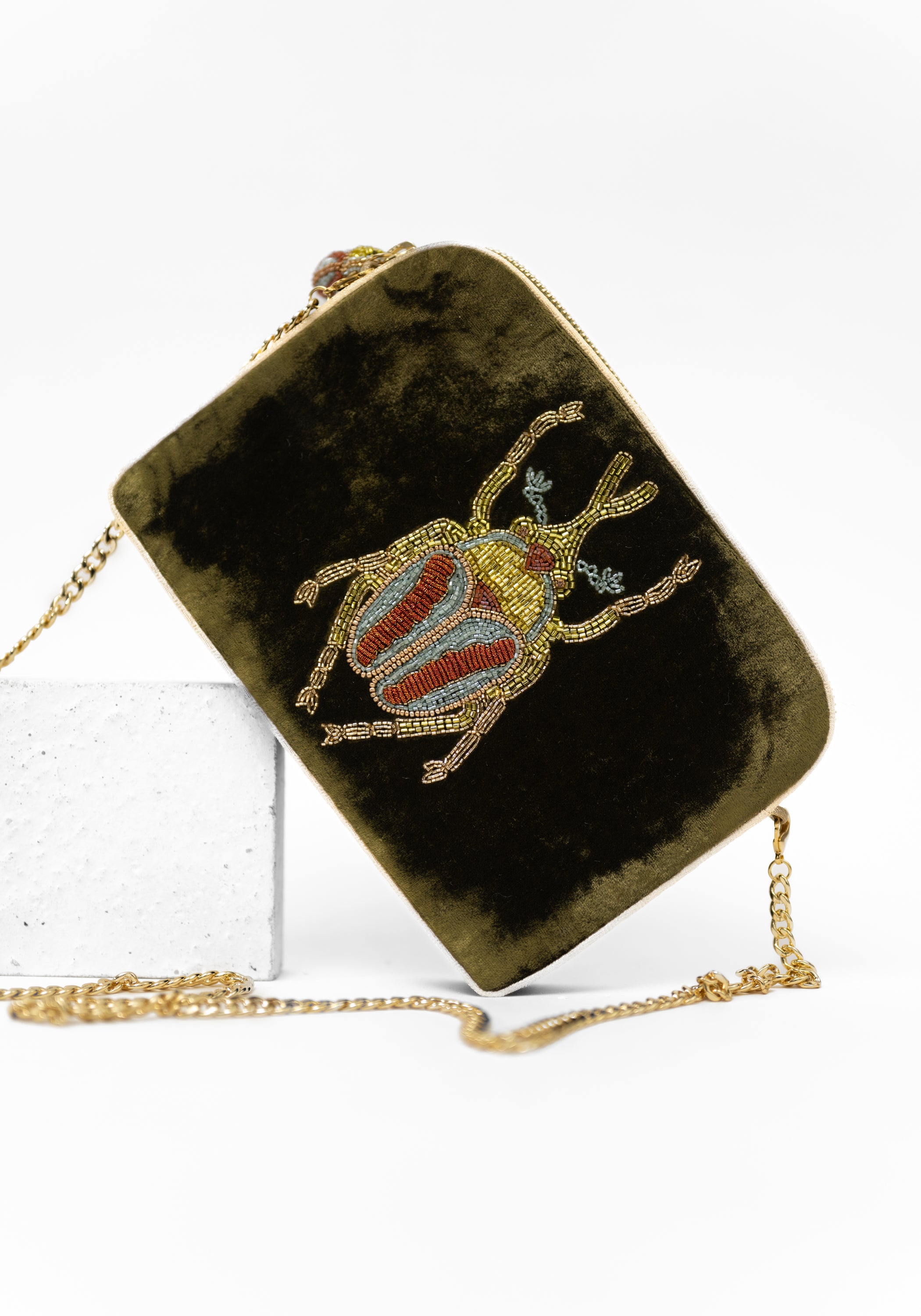 Khaki Velvet Beaded Beetle Crossbody Bag