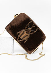 Brown Velvet Golden Beaded Beetle Crossbody Bag