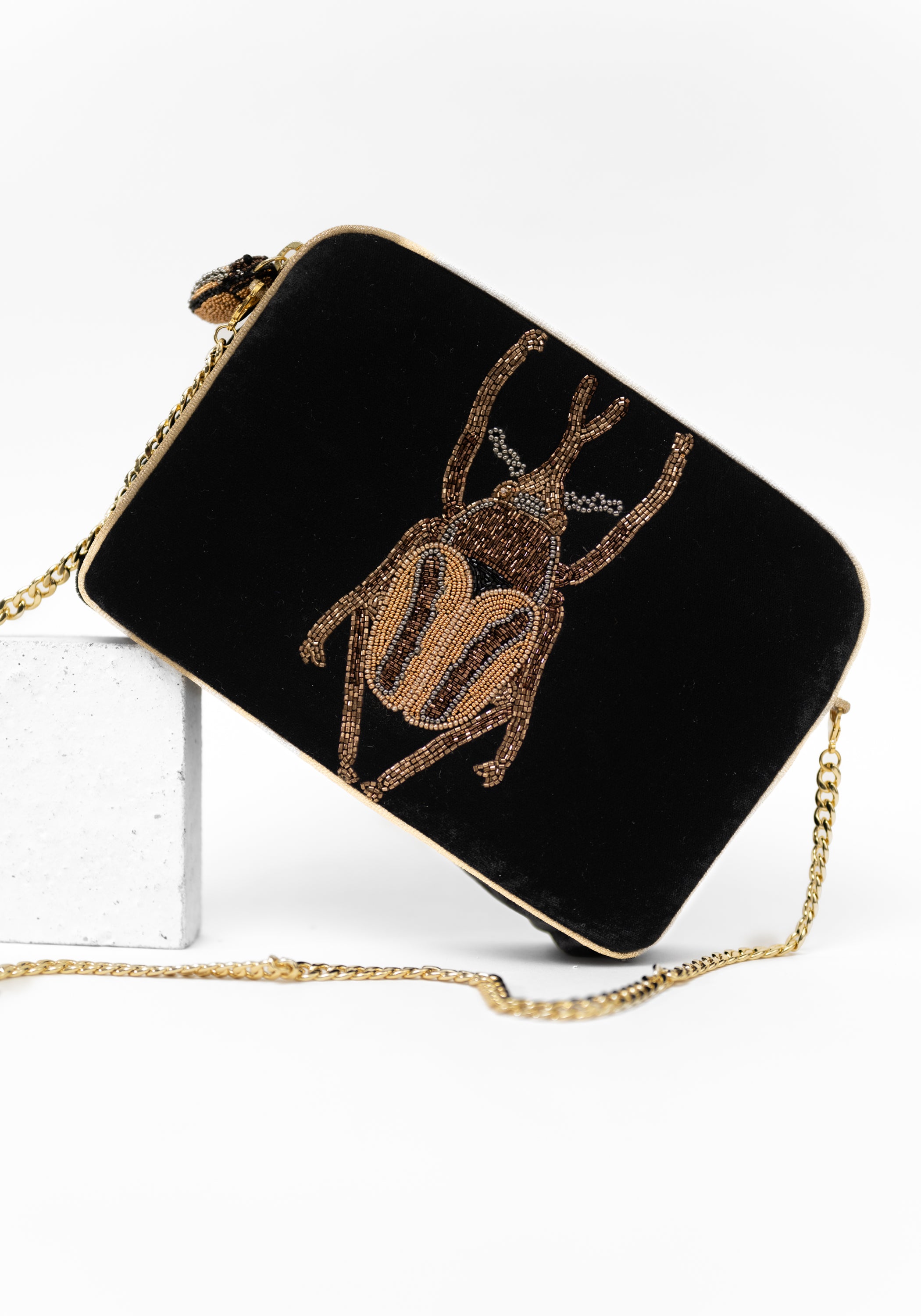 Black Velvet Golden Beaded Beetle Crossbody Bag