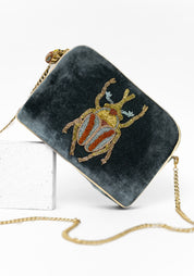 Light Teal Velvet Beaded Beetle Crossbody Bag