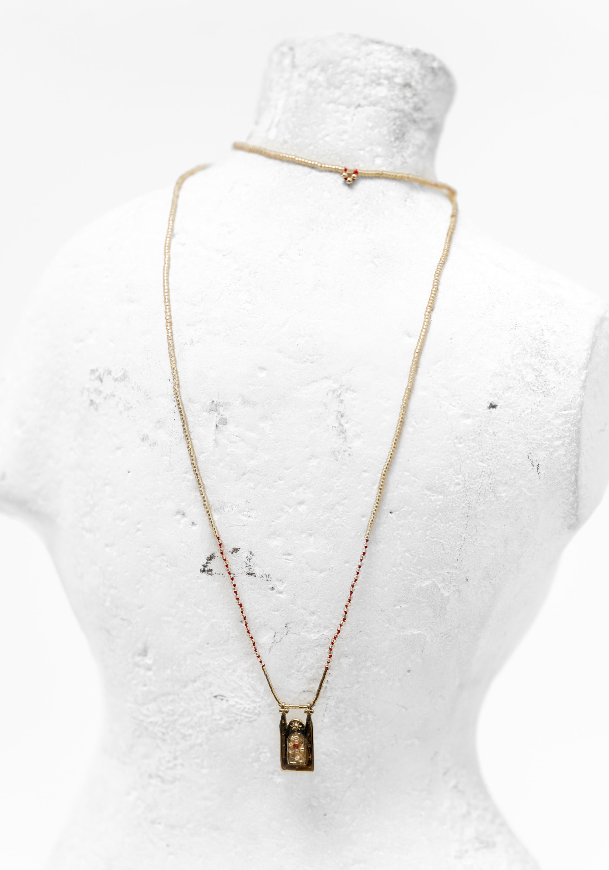 Brass Phoenix Bead Filled Frame Necklace