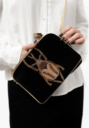 Black Velvet Golden Beaded Beetle Crossbody Bag