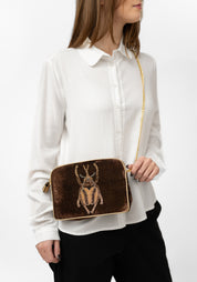 Brown Velvet Golden Beaded Beetle Crossbody Bag