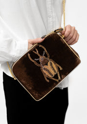 Brown Velvet Golden Beaded Beetle Crossbody Bag
