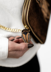 Brown Velvet Golden Beaded Beetle Crossbody Bag