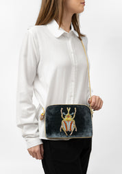 Light Teal Velvet Beaded Beetle Crossbody Bag